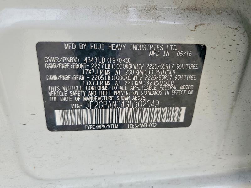 54716116 :رقم المزاد ، JF2GPANC4GH302049 vin ، 2016 Subaru Crosstrek مزاد بيع