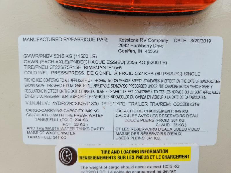Продаж на аукціоні авто 2019 Keystone Cougar, vin: 4YDF32B2XK2511800, номер лоту: 51952206