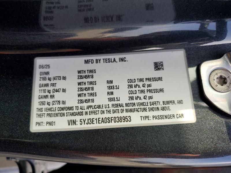Продажа на аукционе авто 2025 Tesla Model 3, vin: 5YJ3E1EA0SF038953, номер лота: 52431786
