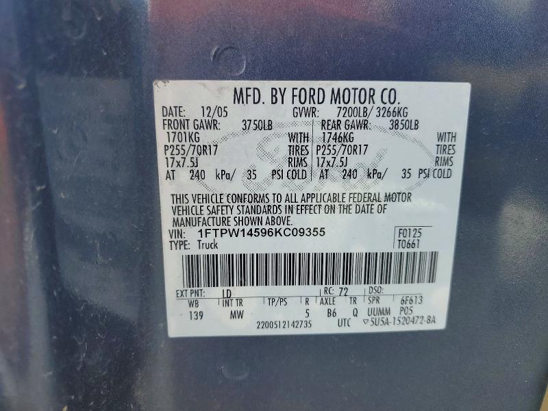 51900076 :رقم المزاد ، 1FTPW14596KC09355 vin ، 2006 Ford F150 مزاد بيع