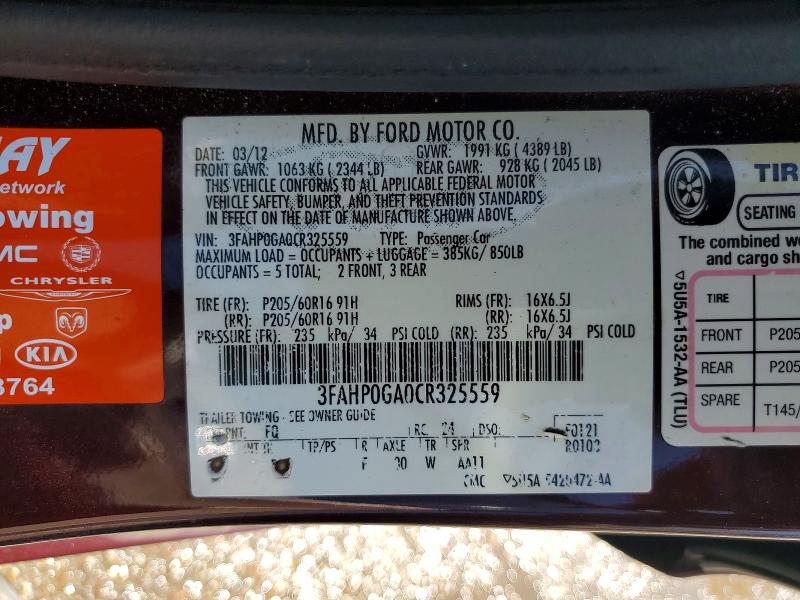 Продаж на аукціоні авто 2012 Ford Fusion, vin: 3FAHP0GA0CR325559, номер лоту: 53056196