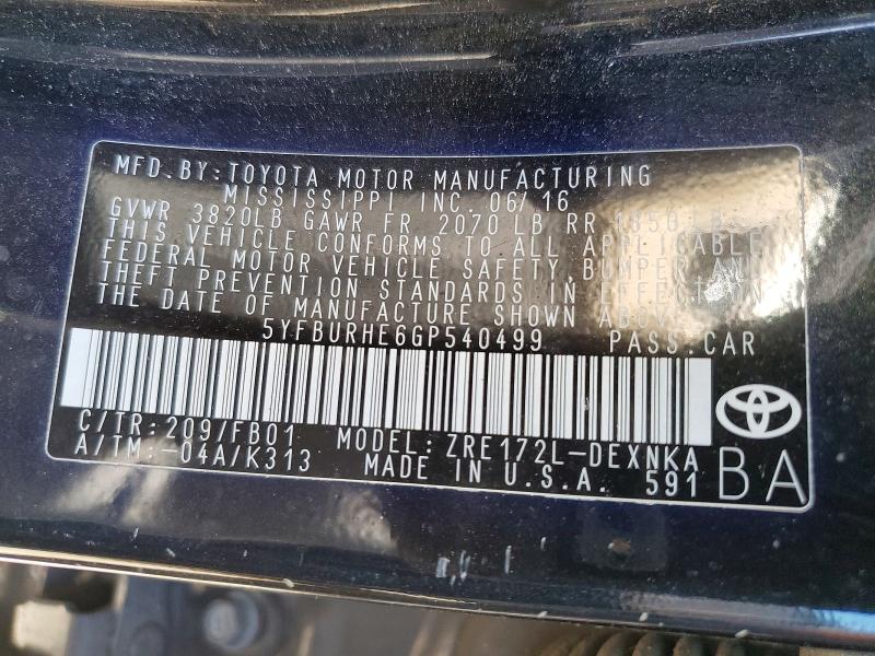 52520346 :رقم المزاد ، 5YFBURHE6GP540499 vin ، 2016 Toyota Corolla مزاد بيع