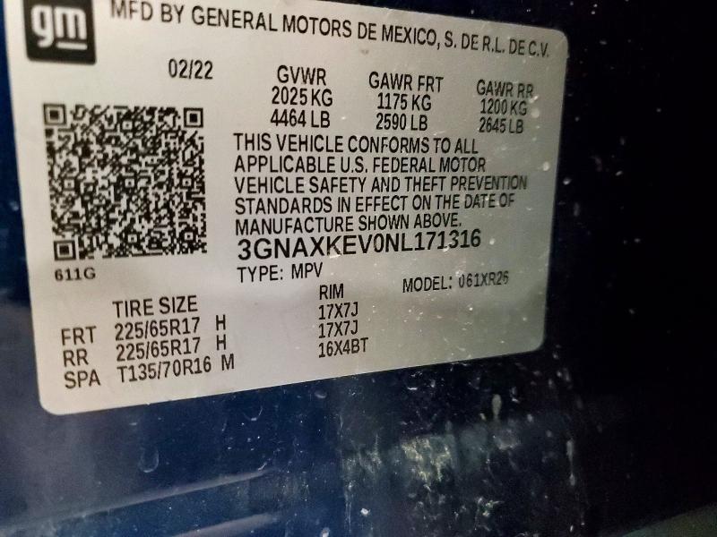 2022 Chevrolet Equinox მანქანა იყიდება აუქციონზე, vin: 3GNAXKEV0NL171316, აუქციონის ნომერი: 53440936
