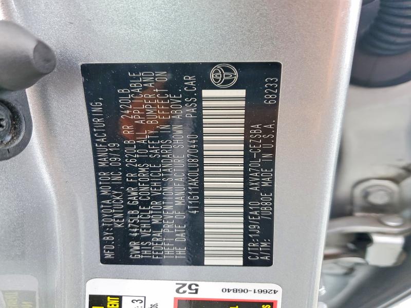 2020 Toyota Camry მანქანა იყიდება აუქციონზე, vin: 4T1G11AK0LU870440, აუქციონის ნომერი: 53289406
