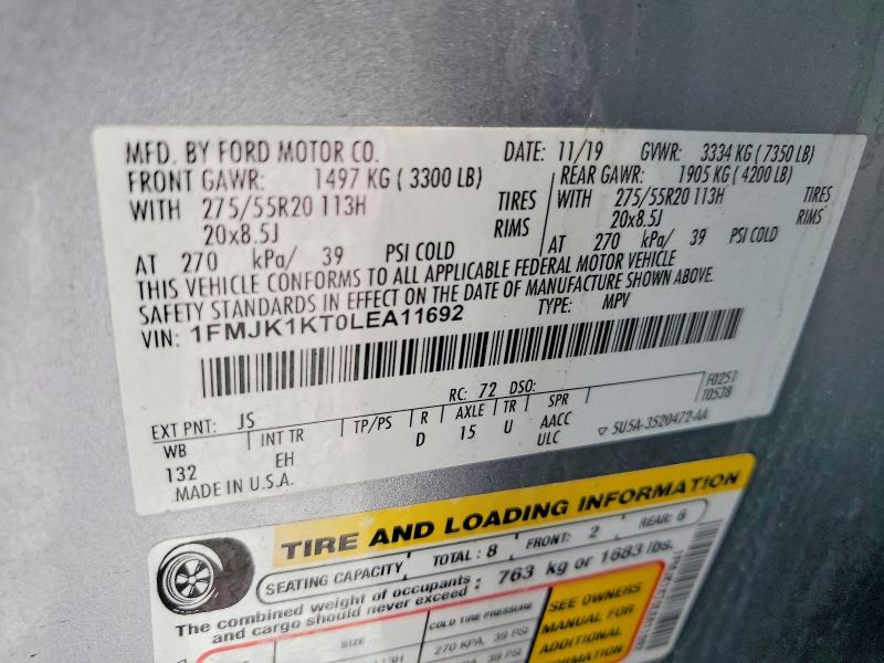 52162276 :رقم المزاد ، 1FMJK1KT0LEA11692 vin ، 2020 Ford Expedition مزاد بيع