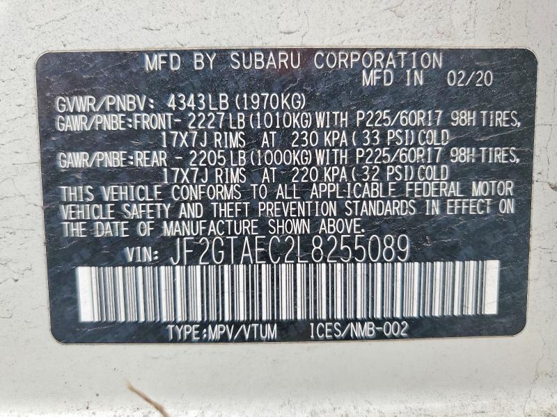 Aukcja sprzedaży 2020 Subaru Crosstrek, vin: JF2GTAEC2L8255089, numer aukcji: 53642046