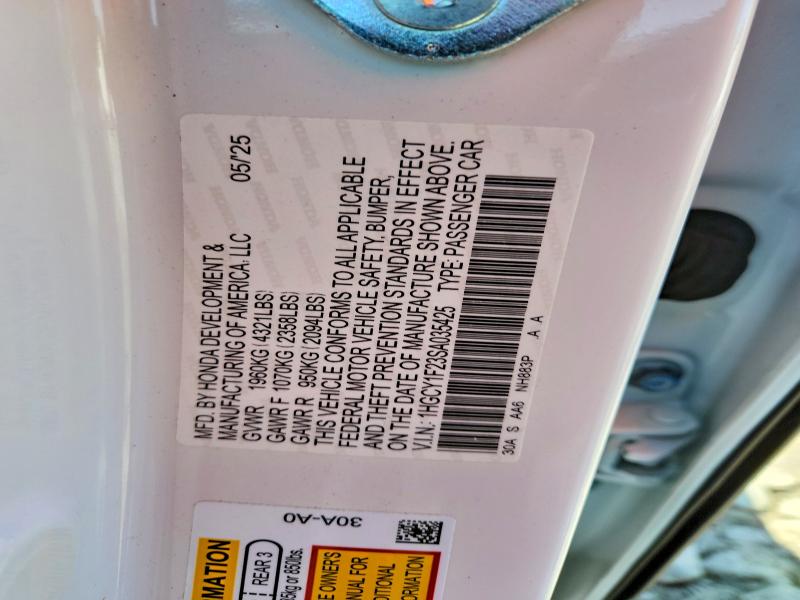 2025 Honda Accord მანქანა იყიდება აუქციონზე, vin: 1HGCY1F23SA035425, აუქციონის ნომერი: 52769926