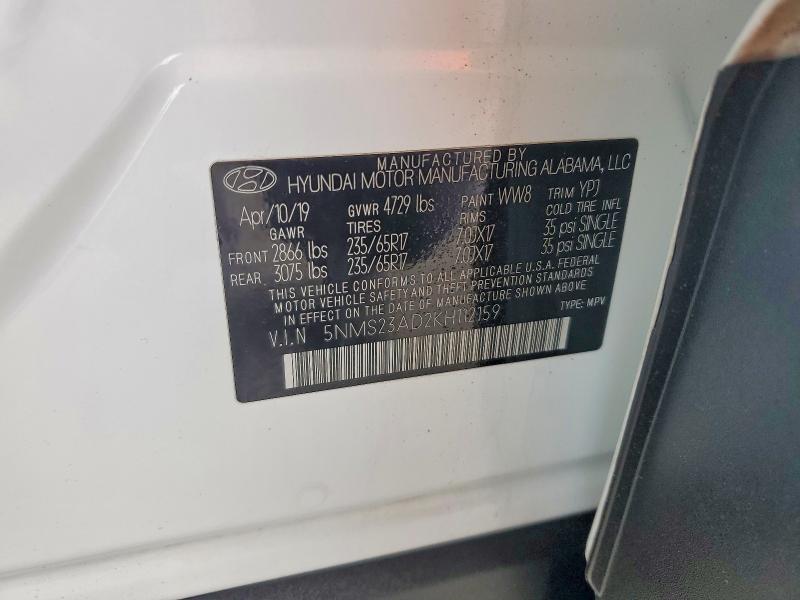 2019 Hyundai Santa Fe მანქანა იყიდება აუქციონზე, vin: 5NMS23AD2KH112159, აუქციონის ნომერი: 53309806