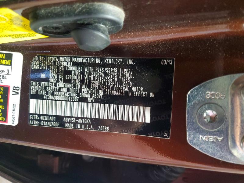 2013 Toyota Venza მანქანა იყიდება აუქციონზე, vin: 4T3BA3BB0DU043387, აუქციონის ნომერი: 55228626