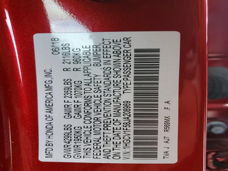 Продажа на аукционе авто 2018 Honda Accord, vin: 1HGCV1F58JA208969, номер лота: 55443636