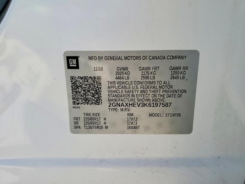 Продажа на аукционе авто 2019 Chevrolet Equinox, vin: 2GNAXHEV3K6197587, номер лота: 55323876