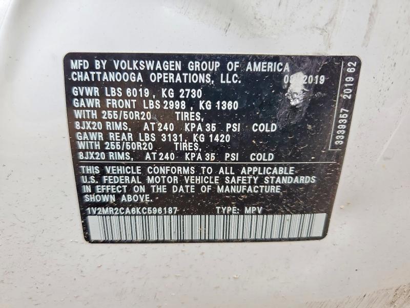 55043296 :رقم المزاد ، 1V2MR2CA6KC596187 vin ، 2019 Volkswagen Atlas مزاد بيع
