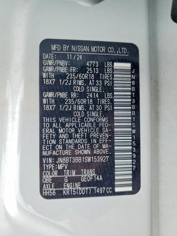 2025 Nissan Rogue მანქანა იყიდება აუქციონზე, vin: JN8BT3BB1SW153927, აუქციონის ნომერი: 54231726
