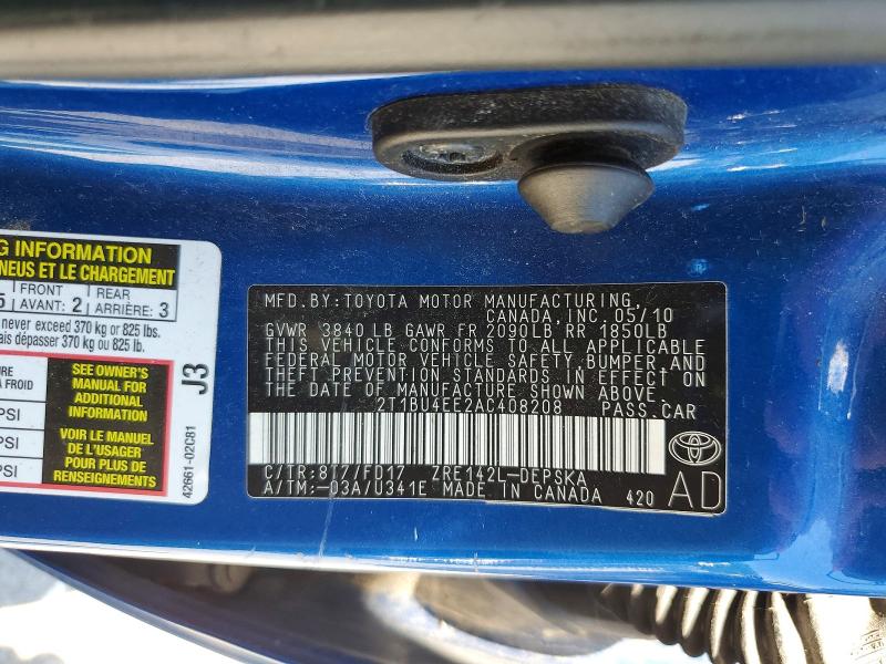 54104596 :رقم المزاد ، 2T1BU4EE2AC408208 vin ، 2010 Toyota Corolla مزاد بيع