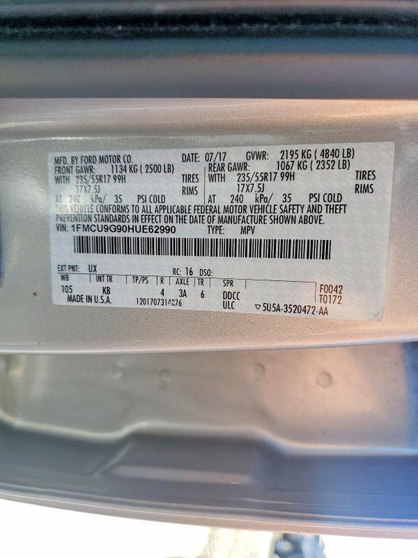 Продаж на аукціоні авто 2017 Ford Escape, vin: 1FMCU9G90HUE62990, номер лоту: 53909006