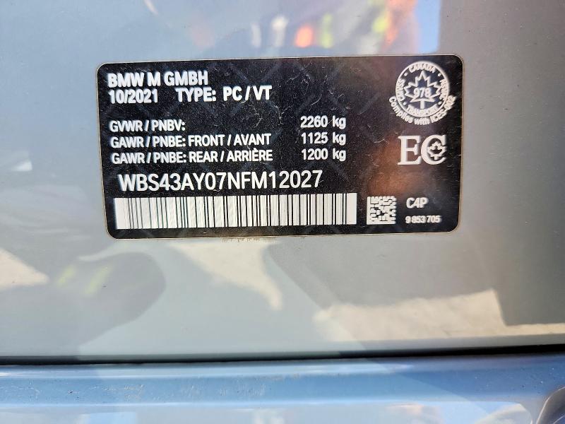 Aukcja sprzedaży 2022 Bmw M3, vin: WBS43AY07NFM12027, numer aukcji: 53369156
