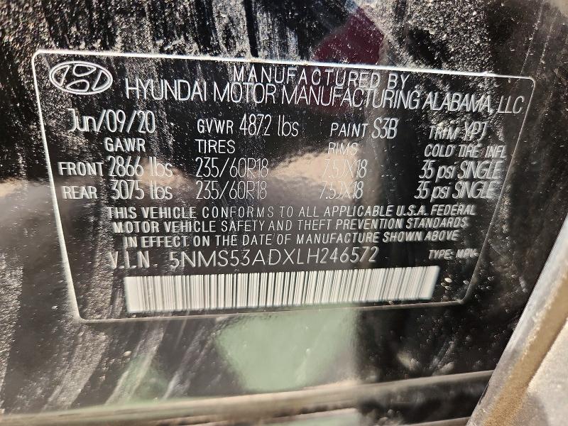 2020 Hyundai Santa Fe მანქანა იყიდება აუქციონზე, vin: 5NMS53ADXLH246572, აუქციონის ნომერი: 54146256