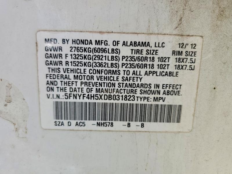 2013 Honda Pilot მანქანა იყიდება აუქციონზე, vin: 5FNYF4H5XDB031823, აუქციონის ნომერი: 54196346