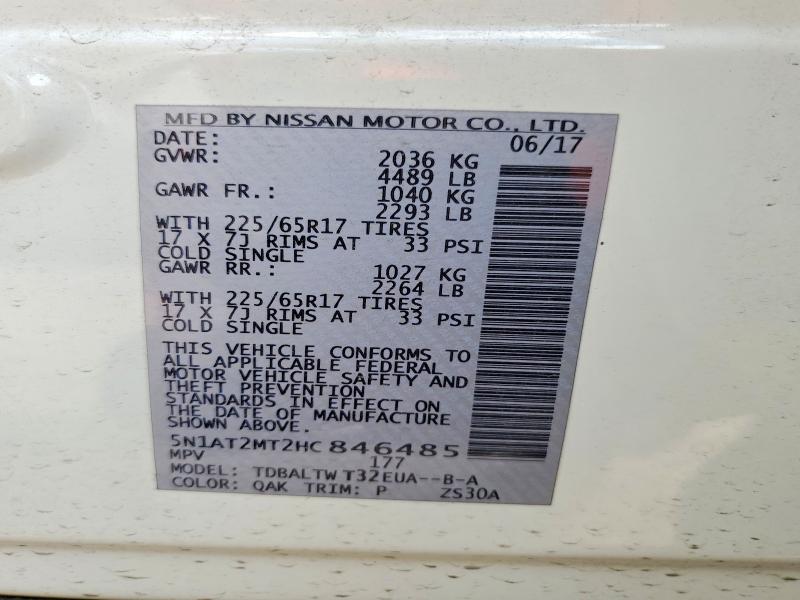 2017 Nissan Rogue მანქანა იყიდება აუქციონზე, vin: 5N1AT2MT2HC846485, აუქციონის ნომერი: 53319746
