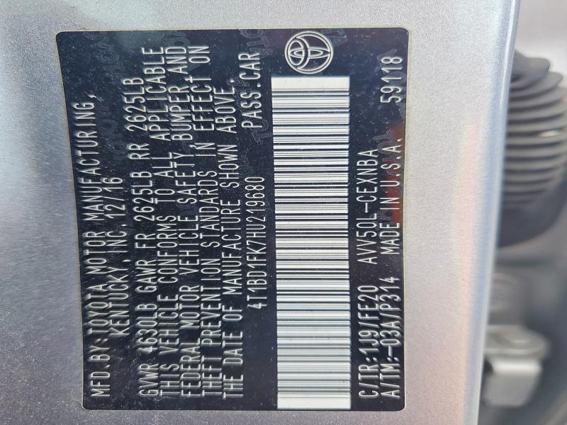 2017 Toyota Camry Hybrid მანქანა იყიდება აუქციონზე, vin: 4T1BD1FK7HU219680, აუქციონის ნომერი: 52605276