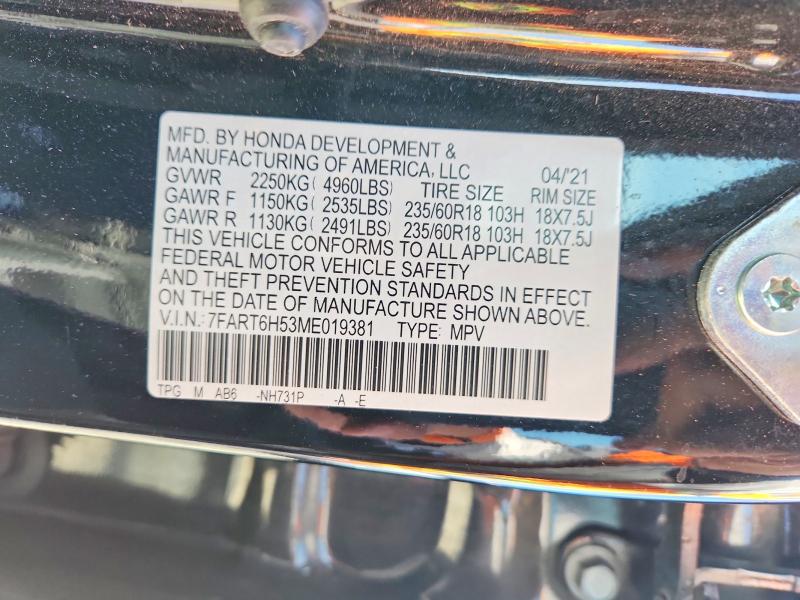 54482306 :رقم المزاد ، 7FART6H53ME019381 vin ، 2021 Honda Cr-v مزاد بيع
