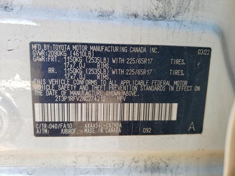 53639096 :رقم المزاد ، 2T3P1RFV2NC274212 vin ، 2022 Toyota Rav4 مزاد بيع