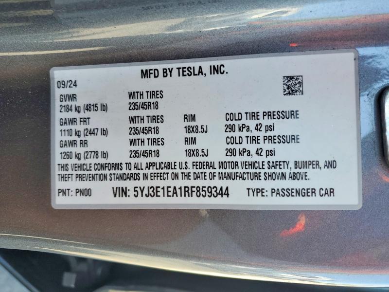 Aukcja sprzedaży 2024 Tesla Model 3, vin: 5YJ3E1EA1RF859344, numer aukcji: 52523706