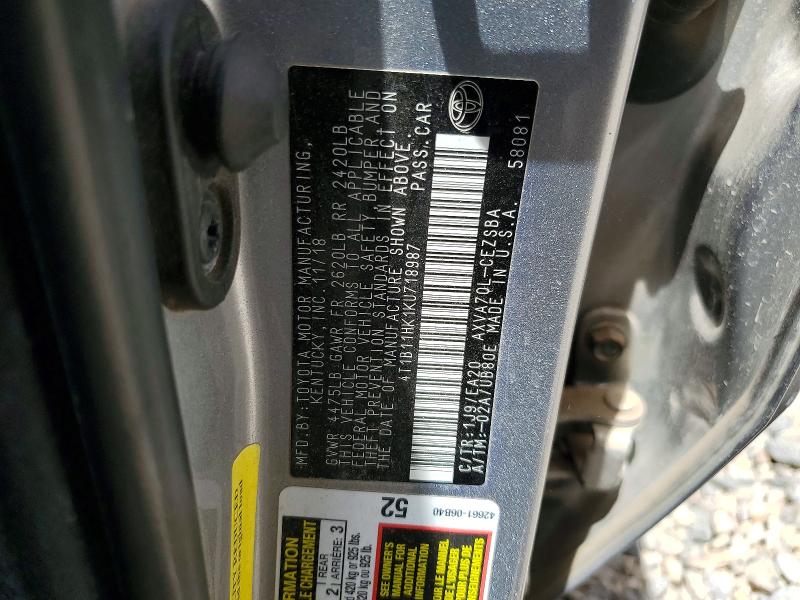 Продаж на аукціоні авто 2019 Toyota Camry, vin: 4T1B11HK1KU718987, номер лоту: 54180266
