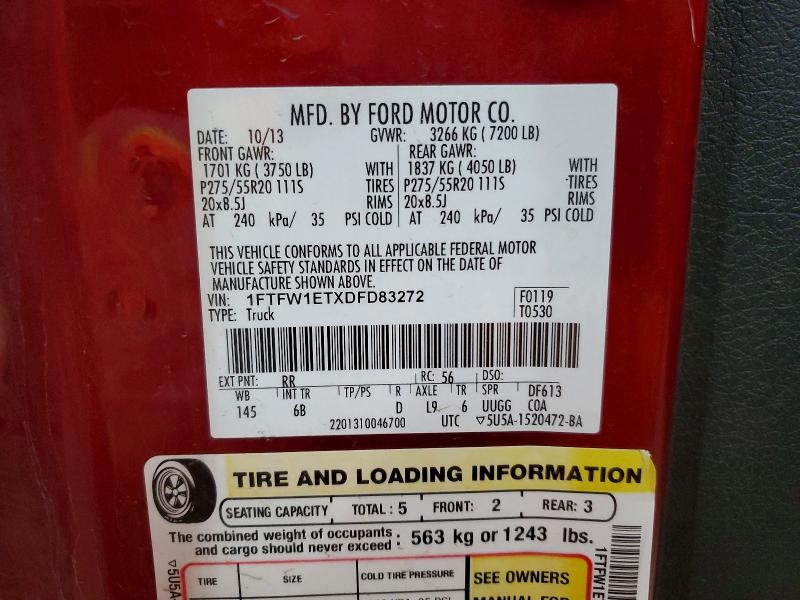 2013 Ford F150 მანქანა იყიდება აუქციონზე, vin: 1FTFW1ETXDFD83272, აუქციონის ნომერი: 55170866