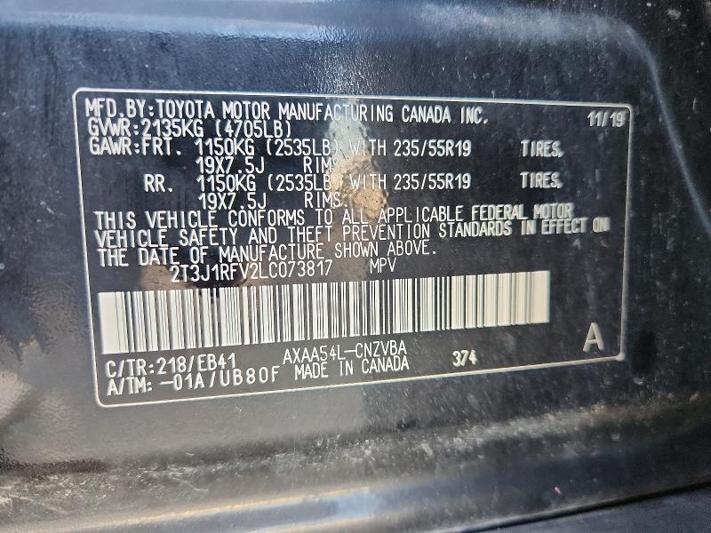 54721546 :رقم المزاد ، 2T3J1RFV2LC073817 vin ، 2020 Toyota Rav4 مزاد بيع