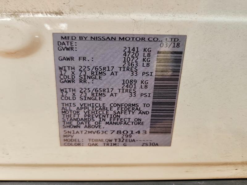 2018 Nissan Rogue მანქანა იყიდება აუქციონზე, vin: 5N1AT2MV6JC780143, აუქციონის ნომერი: 54232596