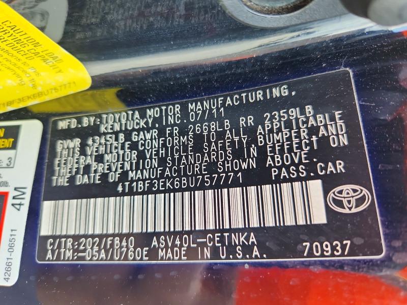 2011 Toyota Camry მანქანა იყიდება აუქციონზე, vin: 4T1BF3EK6BU757771, აუქციონის ნომერი: 53971786