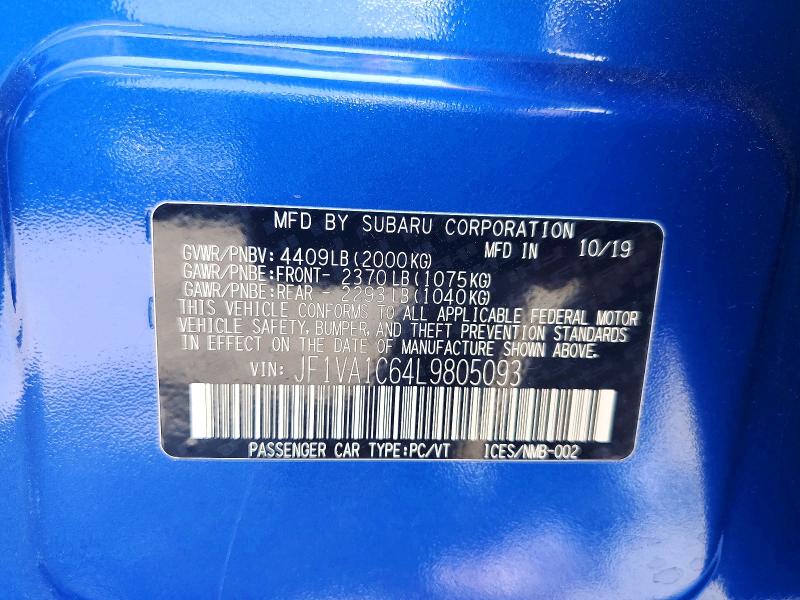 Продаж на аукціоні авто 2020 Subaru Wrx, vin: JF1VA1C64L9805093, номер лоту: 52761456