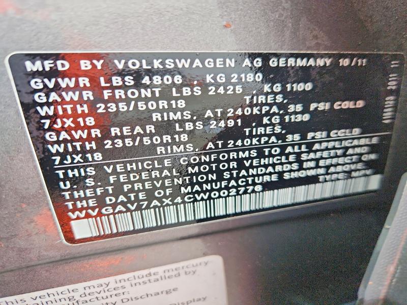 Продаж на аукціоні авто 2012 Volkswagen Tiguan, vin: WVGAV7AX4CW002776, номер лоту: 54690436