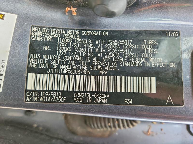 Aukcja sprzedaży 2006 Toyota 4runner, vin: JTEBU14RX60087406, numer aukcji: 53778096
