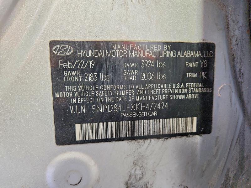 2019 Hyundai Elantra მანქანა იყიდება აუქციონზე, vin: 5NPD84LFXKH472424, აუქციონის ნომერი: 53777566
