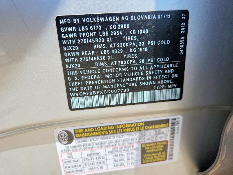 53438656 :رقم المزاد ، WVGEF9BPXCD007789 vin ، 2012 Volkswagen Touareg مزاد بيع