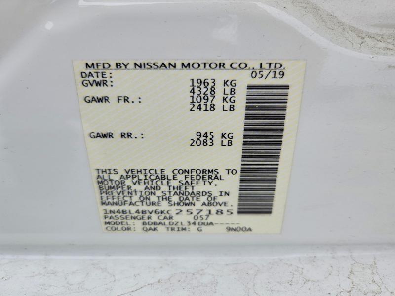 2019 Nissan Altima მანქანა იყიდება აუქციონზე, vin: 1N4BL4BV6KC257185, აუქციონის ნომერი: 53824616