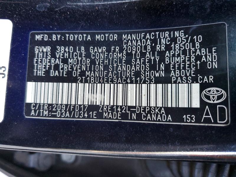 Продажа на аукционе авто 2010 Toyota Corolla, vin: 2T1BU4EE9AC411753, номер лота: 53791426