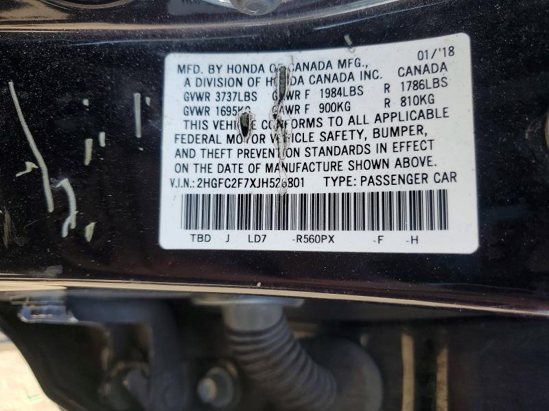 Продаж на аукціоні авто 2018 Honda Civic, vin: 2HGFC2F7XJH526801, номер лоту: 53467176