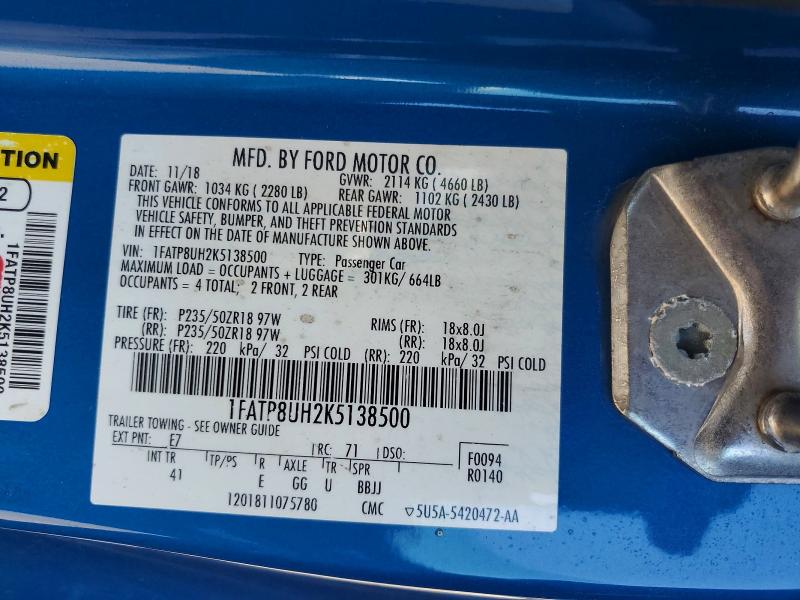 53268226 :رقم المزاد ، 1FATP8UH2K5138500 vin ، 2019 Ford Mustang مزاد بيع