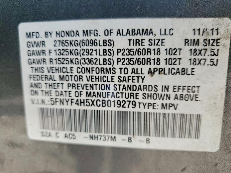 53919946 :رقم المزاد ، 5FNYF4H5XCB019279 vin ، 2012 Honda Pilot مزاد بيع