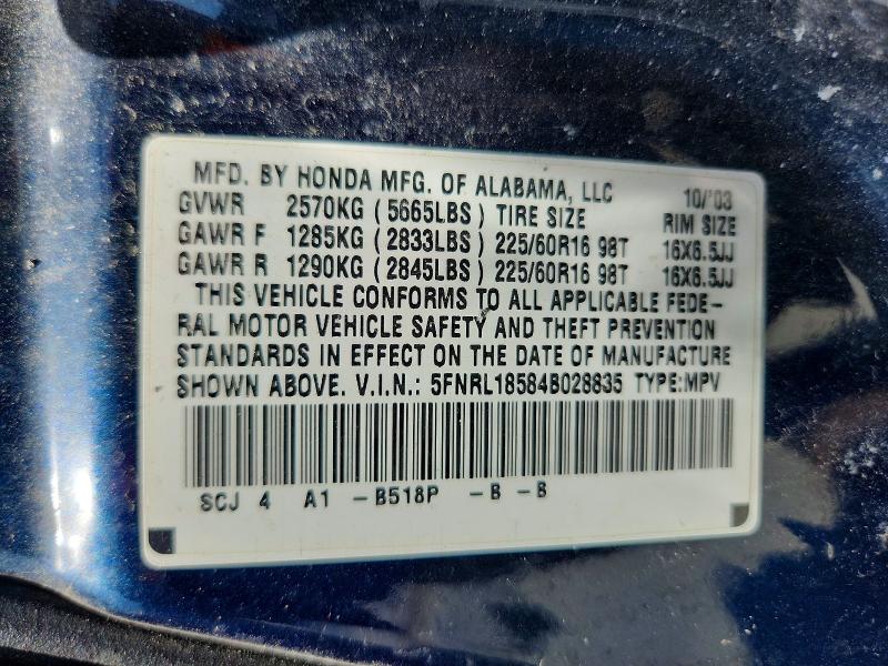 2004 Honda Odyssey მანქანა იყიდება აუქციონზე, vin: 5FNRL18584B028835, აუქციონის ნომერი: 54896476