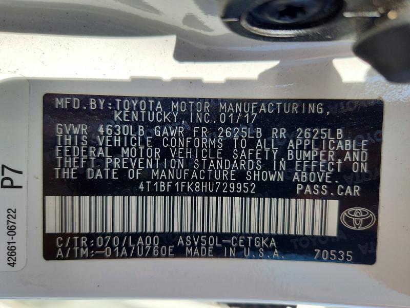 Продажа на аукционе авто 2017 Toyota Camry, vin: 4T1BF1FK8HU729952, номер лота: 52686816