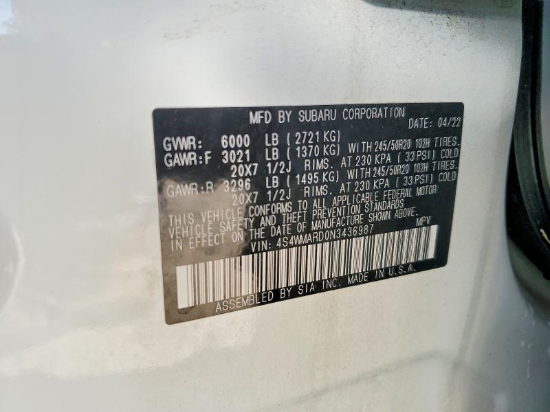 2022 Subaru Ascent მანქანა იყიდება აუქციონზე, vin: 4S4WMARD0N3436987, აუქციონის ნომერი: 52869176