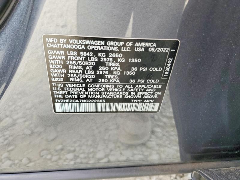 2022 Volkswagen Atlas Cross Sport მანქანა იყიდება აუქციონზე, vin: 1V2HE2CA7NC222365, აუქციონის ნომერი: 54885336