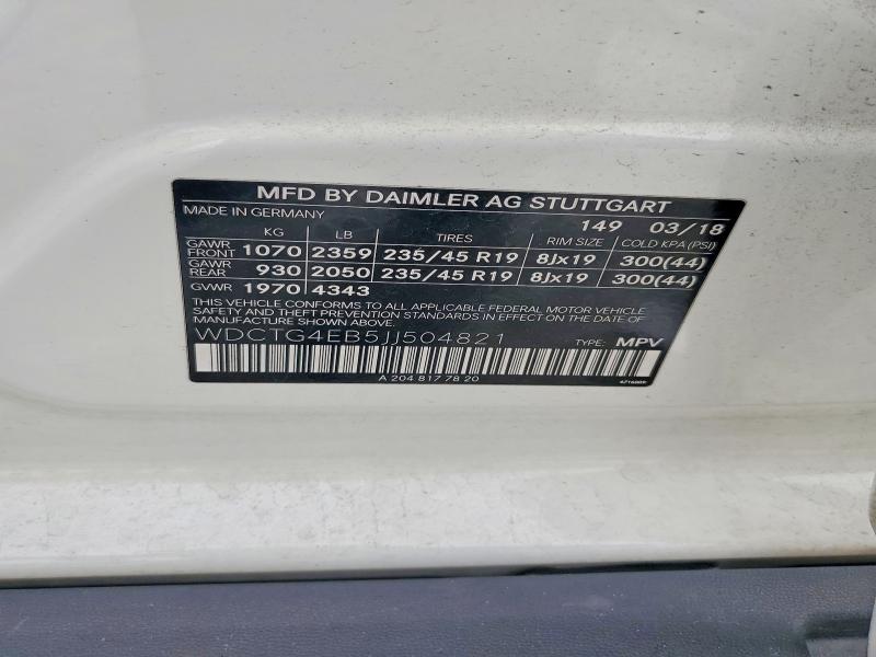 52161676 :رقم المزاد ، WDCTG4EB5JJ504821 vin ، 2018 Mercedes-benz Gla مزاد بيع