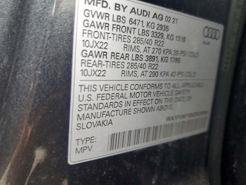 2021 Audi Q8 მანქანა იყიდება აუქციონზე, vin: WA1FVAF16MD029884, აუქციონის ნომერი: 51999116