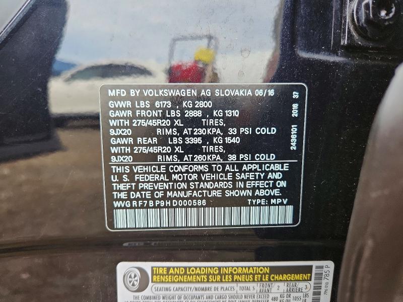 54669356 :رقم المزاد ، WVGRF7BP9HD000586 vin ، 2017 Volkswagen Touareg مزاد بيع