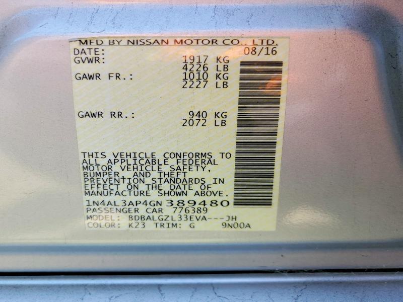2016 Nissan Altima მანქანა იყიდება აუქციონზე, vin: 1N4AL3AP4GN389480, აუქციონის ნომერი: 54426206